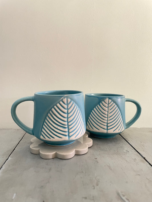 mini ceramic teal mug with handle & an off white leaf motif, perfect for everyday use, microwave & dishwasher safe