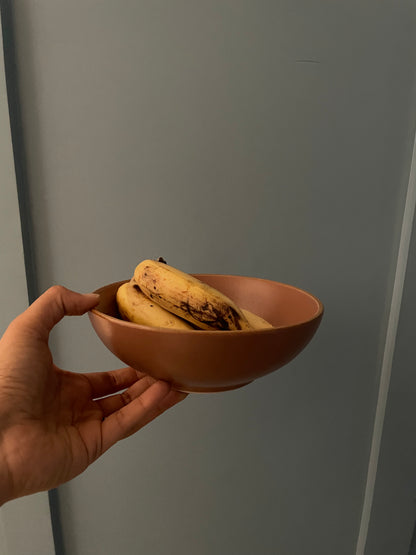 Hand delicately holding stoneware terracotta ceramic bowl with bananas. shop designer tableware Bangalore