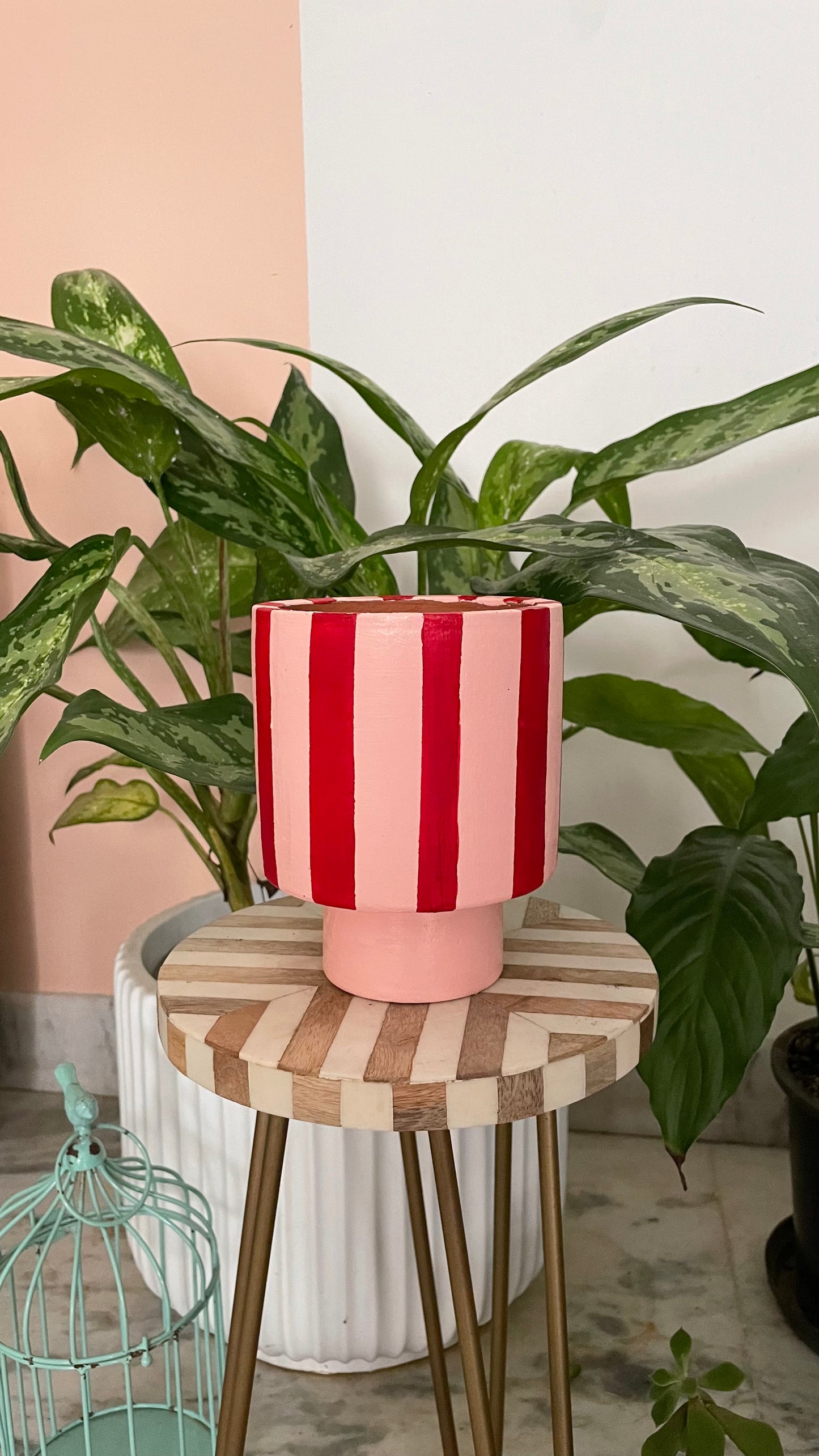 Terracotta Planters - Tall Pink & red stripes